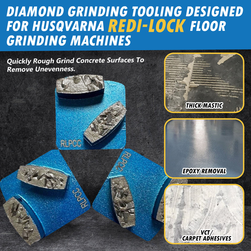 REDILOCK 9-Piece PCD Diamond Grinding Shoes For Husqvarna Floor Machines – 180 Grit, Wet/Dry, Clockwise & Counter-Clockwise